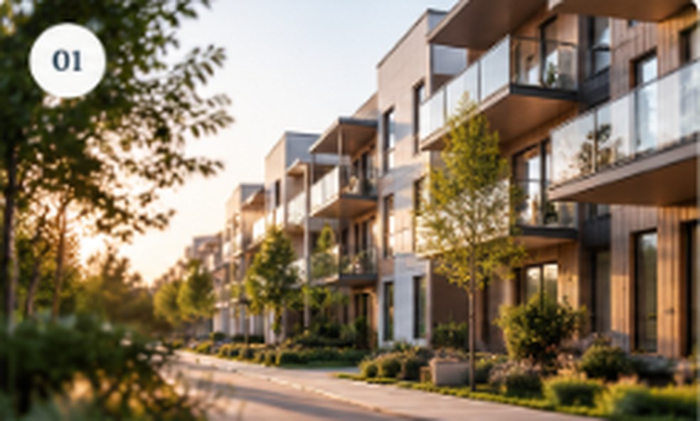 Moderna bostadshus med grönska i kvällsljus